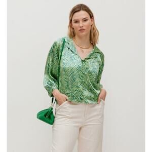Oliver Bonas Green Satin Zebra Print Button Up Tie Front Collared Top 6